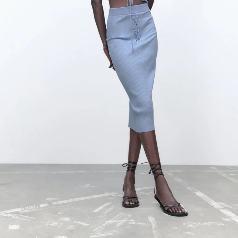 ZARA RIBBED HIGH WAIST‎ CROSSOVER DRAWSTRING MIDI SKIRT
